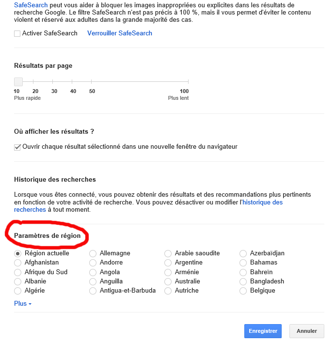 Copie écran paramètres Google