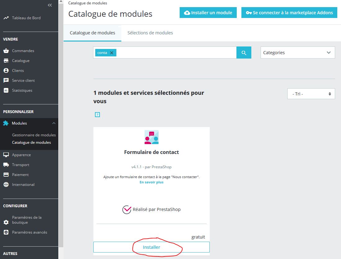 Le formulaire de contact qui disparait sur Prestashop 1.7.6 après une mise à jour, réinstaller le module formulaire de contact