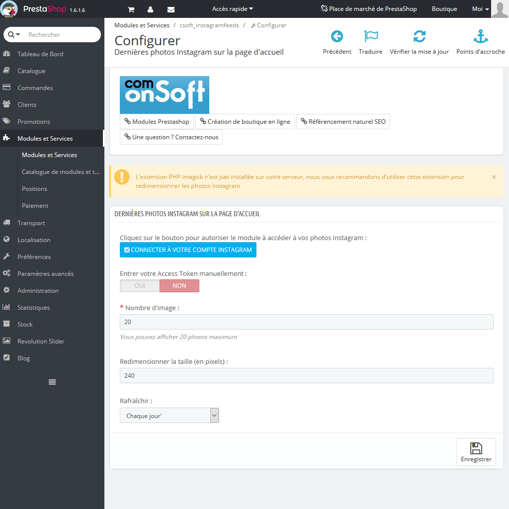 Module Instagram Prestashop gratuit, configuration simplifiée