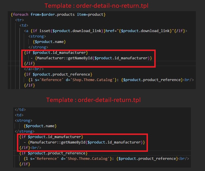copie d'écran de l'intégration marque du produit dans le template customer