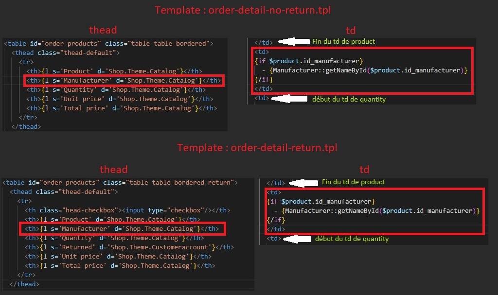 copie d'écran de l'intégration code dans les 2 templates pour afficher la marque des produits dans l'historique des commandes Prestashop