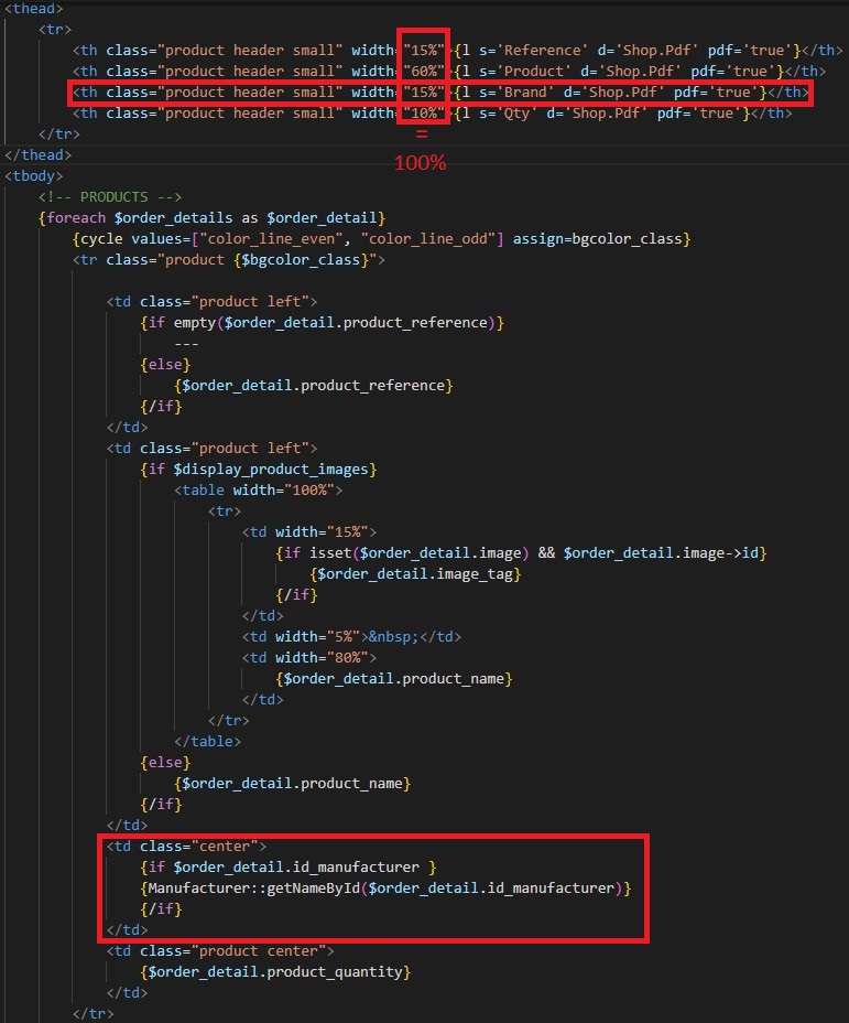 copie d'écran de l'implementation de la 2éme méthode dans le template pdf du bon de livraison de Prestashop