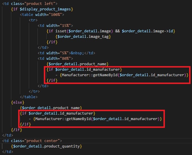 copie d'écran de l'implementation de la méthode dans le template pdf du bon de livraison de Prestashop