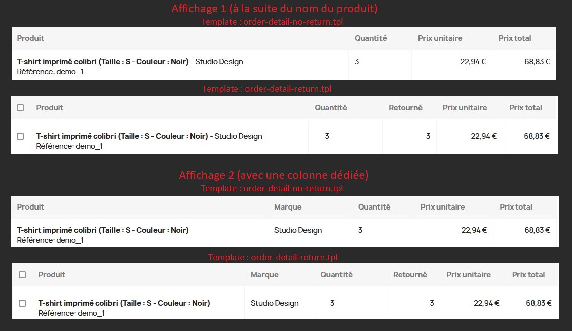 copie d'écran de l'affichage du nom de la marque en fonction du type d'affichage par template