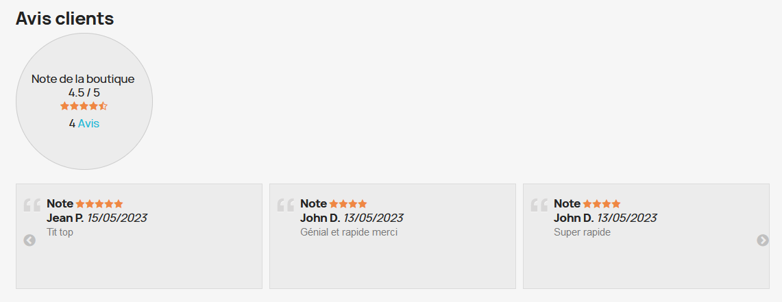 Copie écran affichage des avis clients boutique Prestashop