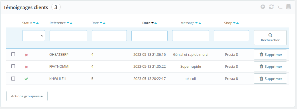 Copie écran modération avis clients boutique Prestashop