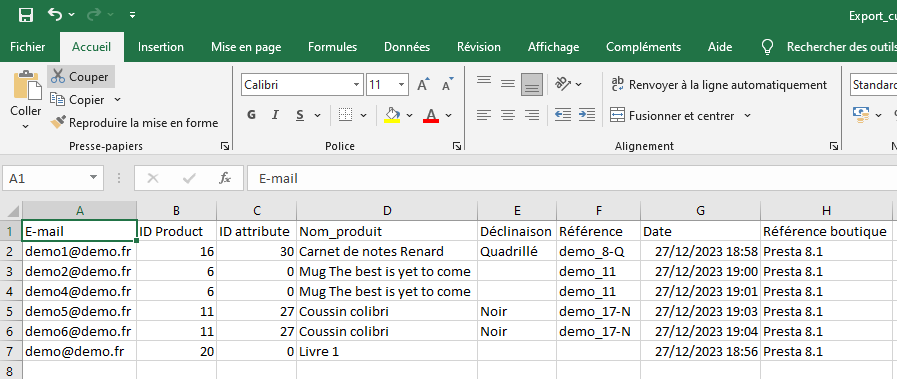 Export Excel des demandes de produits hors stock par clients