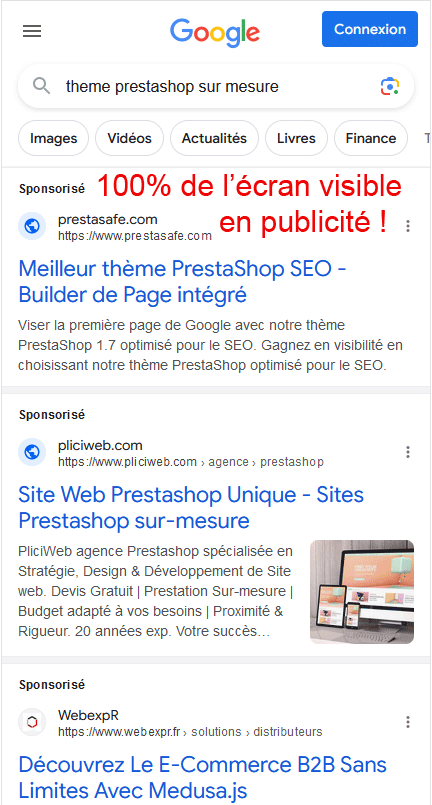 Exemple de publicités Google sur un mobile