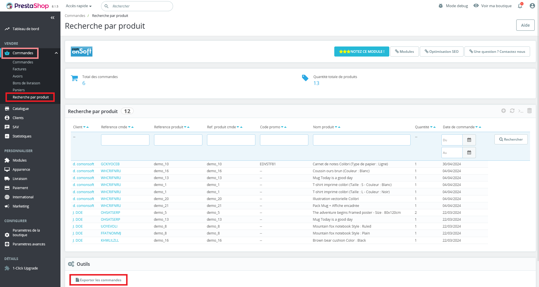 Visuel du module recherche par produit / code promo