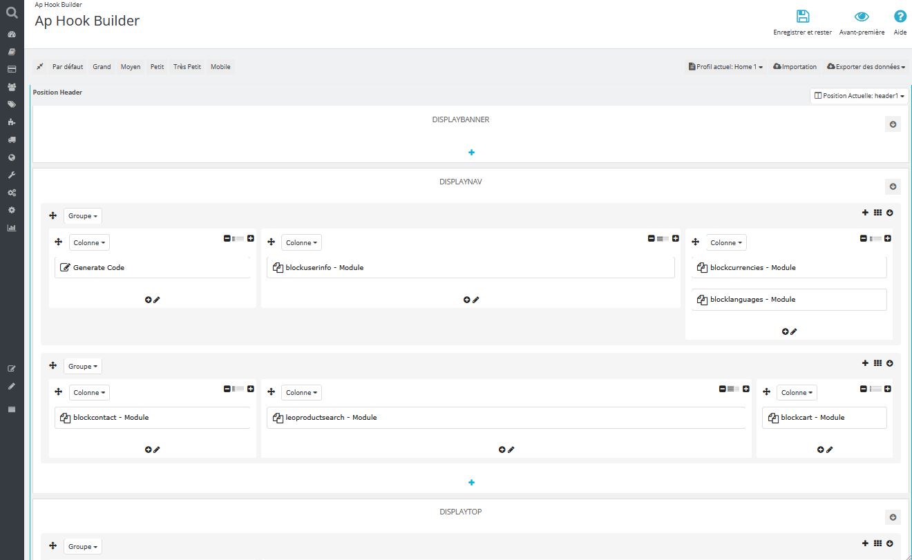 Ecran Ap Page Builder module Prestashop