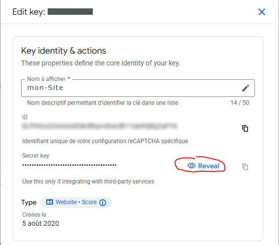 Afficher la clef secrète reCaptcha dans Google Cloud