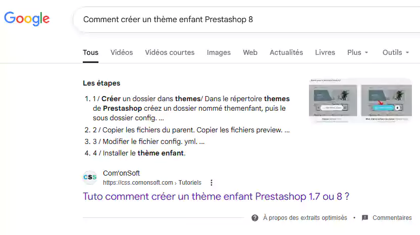Exemple d'extrait optimisé dans la recherche sur Google